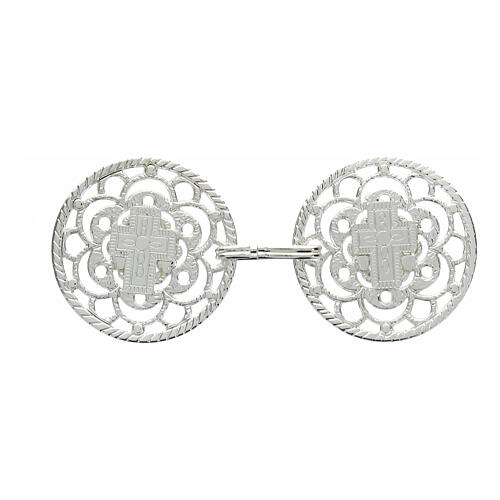 Silver plated cope clasp with central cross and nickel-free decorated rosette 1