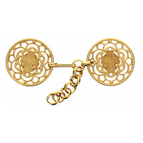 Gold plated cope clasp, cut-out floral rosette with cross and chain, nickel free