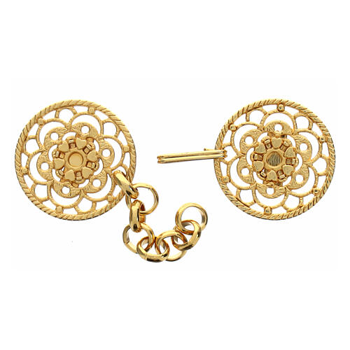 Gold plated cope clasp, cut-out floral rosette with cross and chain, nickel free 2