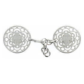 Silver-plated cope clasp, cut-out floral rosette with cross and chain, nickel free