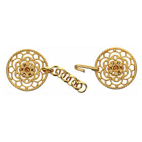 Gold plated cope clasp, cut-out floral rosette with chain, nickel free