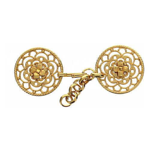 Gold plated cope clasp, cut-out floral rosette with chain, nickel free 1