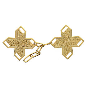 Cross-shaped cope clasp with cut-out edges and vine pattern, gold plated, nickel free