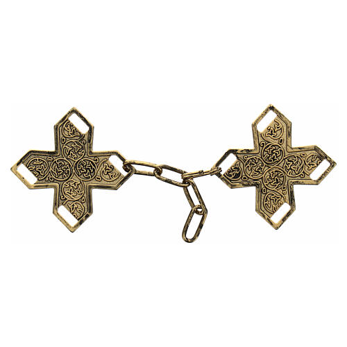 Cross-shaped cope clasp with cut-out edges and vine pattern, old gold finish, nickel free 1