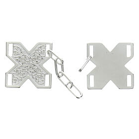 Cross-shaped cope clasp with cut-out edges and vine pattern, silver-plated, nickel free