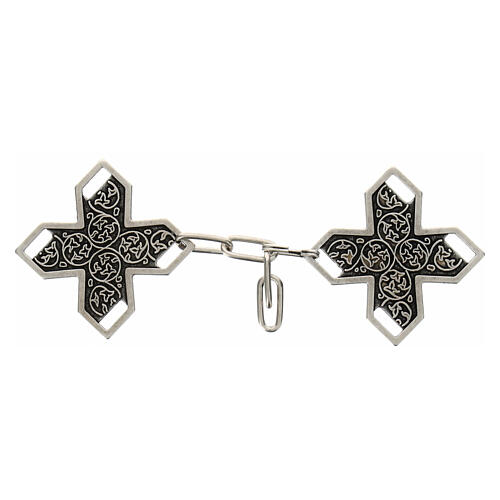 Cross-shaped cope clasp with cut-out edges and vine pattern, old silver finish, nickel free 1