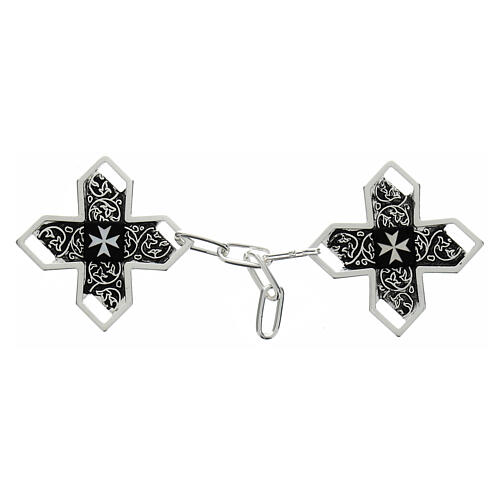 Cross-shaped cope clasp with cut-out edges and vine pattern, silver-plated with black background, nickel free 1