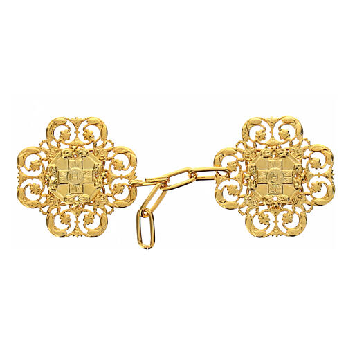 Cross-shaped cut-out cope clasp with IHS, gold plated 1