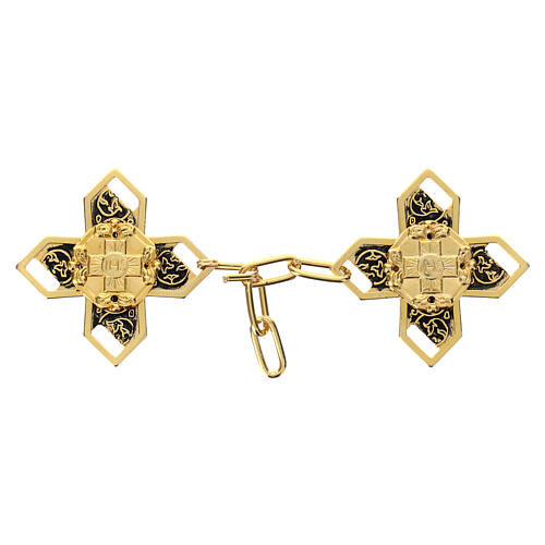 Cross-shaped cope clasp with vine pattern and IHS, gold plated with black background, nickel free 1