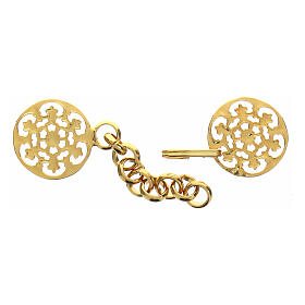 Round cope clasp with cut-out rosette and chain, gold plated finish
