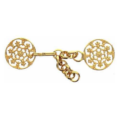 Round cope clasp with cut-out rosette and chain, gold plated finish 1