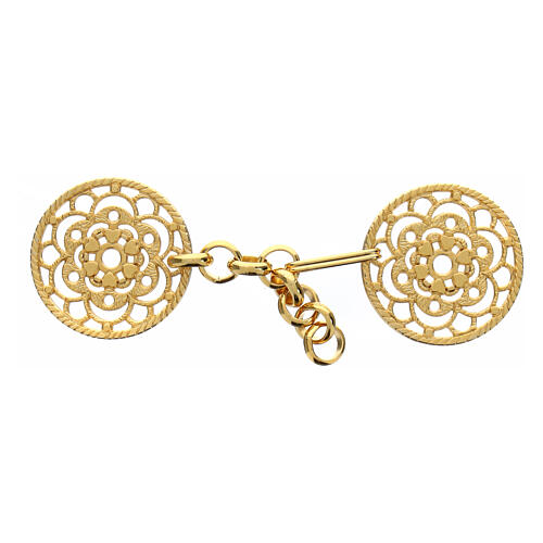 Round cope clasp with cut-out floral pattern, nickel free, gold plated, central chain 1
