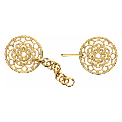 Round cope clasp with cut-out floral pattern, nickel free, gold plated, central chain 2