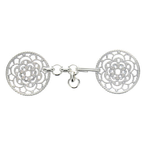 Round cope clasp with cut-out floral pattern, nickel free, silver-plated, central chain 1