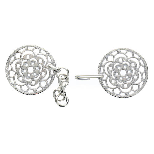 Round cope clasp with cut-out floral pattern, nickel free, silver-plated, central chain 2