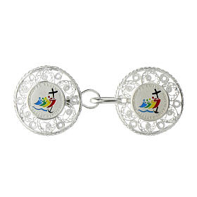 Silver Jubilee cope clasp with enameled filigree logo