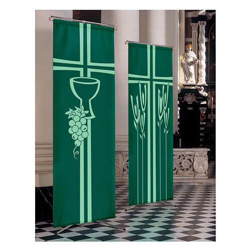 Set of Slabbinck Green Banner with Wheat Spikes, Grapes, Chalice, and Cross 300x100 cm 1