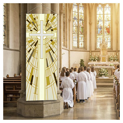 Slabbinck banner with white cross and geometric patterns, 120x40 in 2