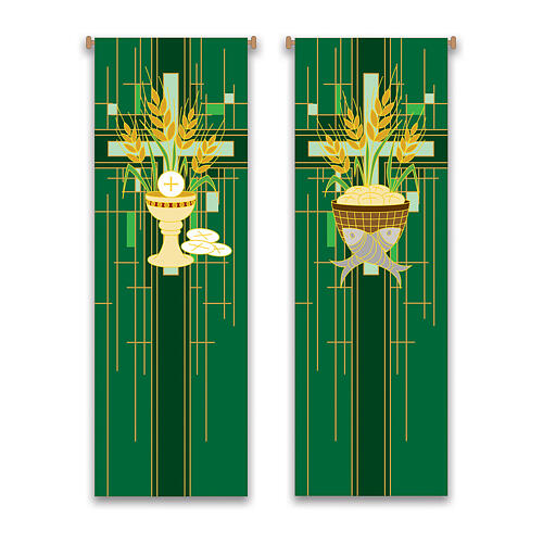 Slabbinck set of green banners with Eucharistic symbols, 120x40 in 1