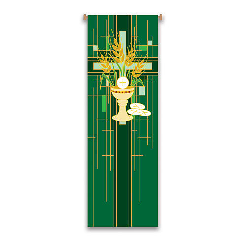 Slabbinck set of green banners with Eucharistic symbols, 120x40 in 2