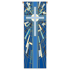 Baner Slabbinck niebieski, krzyż i motywy geometryczne, 300x100 cm