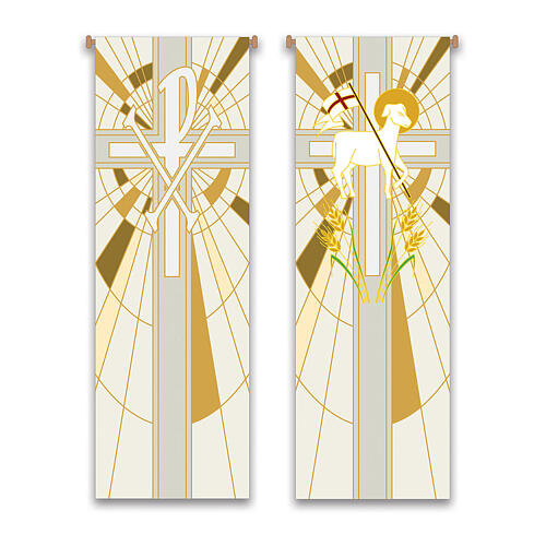 Set, Banner von Slabbinck, Osterlamm und Pax-Symbol, Weiß und Gelb, 300 × 100 cm 1