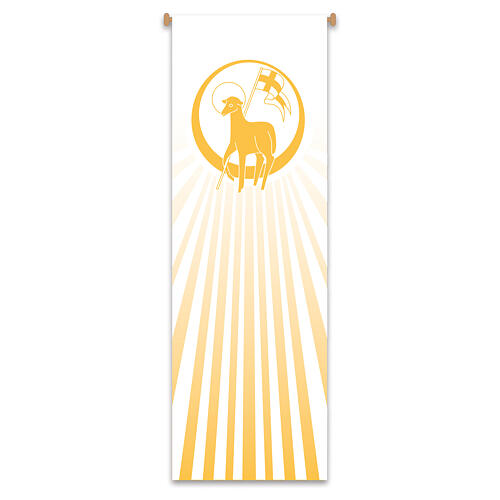 Slabbinck banner set, Lamb and Chi-Rho, white and yellow rays, 120x40 in 3