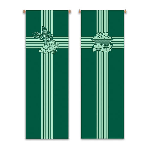 Set of Slabbinck banners green crosses with bread, fish, grapes and ears of corn, 300x100 cm 1