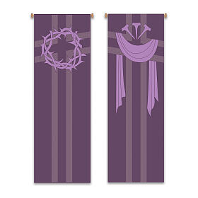 Ensemble bannières Slabbinck violet couronne d'épines, clous et suaire du Christ 300x100 cm