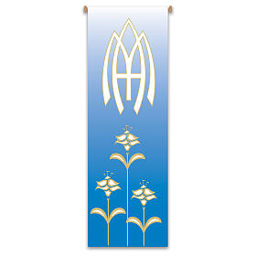 Blue banner by Slabbinck with Marian symbols, 120x40 in