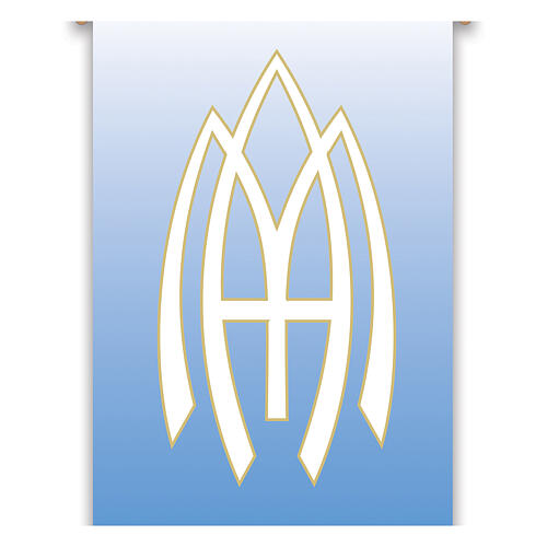 Blue banner by Slabbinck with Marian symbols, 120x40 in 2