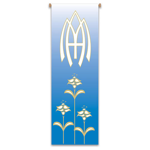 Estandarte Slabbinck azul com símbolos Marianos 300x100 cm 1