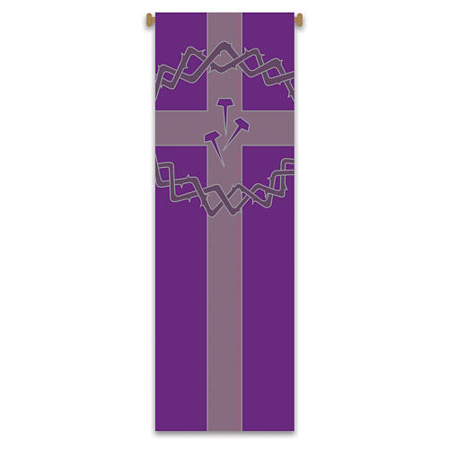 Slabbinck purple banner set with crown of thorns, nails, Alpha and Omega 120x40 in 3