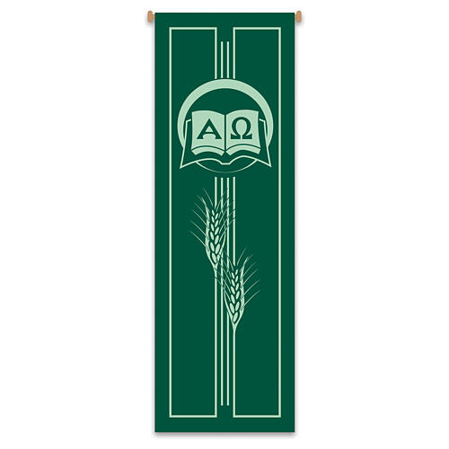 Estandarte Slabbinck verde símbolos de esperanza Alfa & Omega y trigo 300x100 cm 1