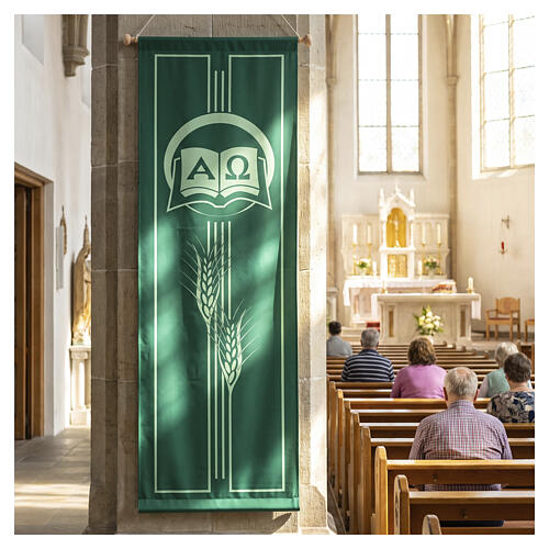 Banderole Slabbinck verte symboles d'espérance Alpha et Oméga avec blé 300x100 cm 2