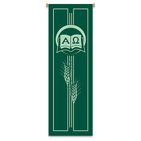 Estandarte Slabbinck verde símbolos de esperança Alfa e Ómega e trigo 300x100 cm