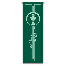 Baner Slabbinck zielony, symbole Eucharystii: kielich, komunikant i winogron, 300x100 cm