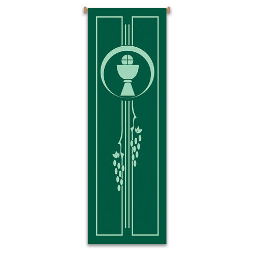 Baner Slabbinck zielony, symbole Eucharystii: kielich, komunikant i winogron, 300x100 cm 1