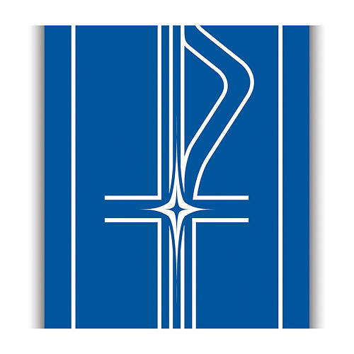 Slabbinck blue banner with cross and Marian crown, 120x40 in 2