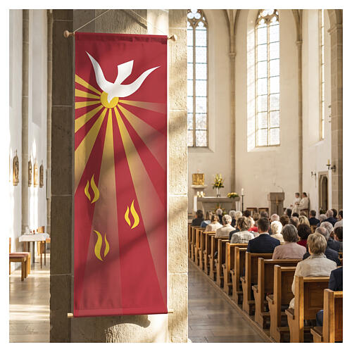 Slabbinck red banner with Holy Spirit dove, 120x40 in 2