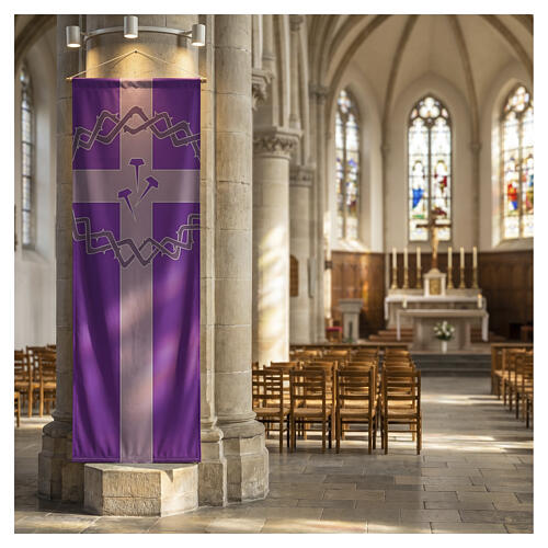 Slabbinck purple banner with cross, crown of thorns, and nails, 120x40 in 2