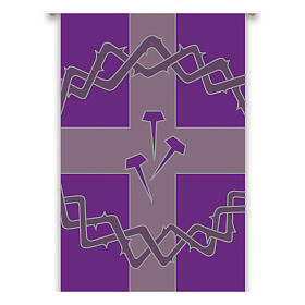 Estandarte Slabbinck roxo cruz, coroa de espinhos e pregos 300x100 cm