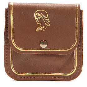 Rosary case in brown leather with image of Our Lady