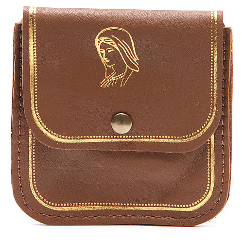Rosary case in brown leather with image of Our Lady 1