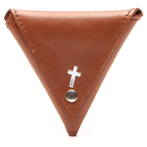 Rosary case, triangle shape in brown leather with cross 1