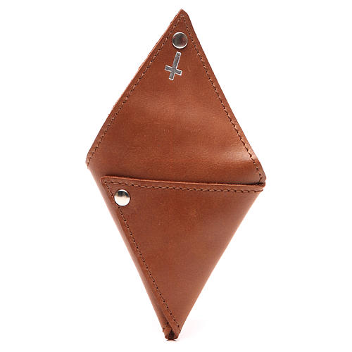 Rosary case, triangle shape in brown leather with cross 3