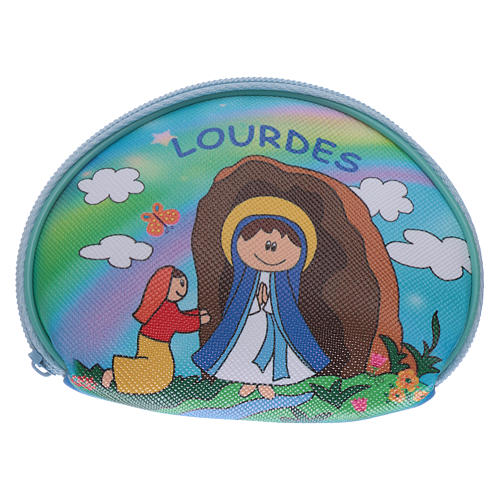 Rosenkranztäschchen für Kinder, 10x8 cm, mit Abbildung Muttergottes von Lourdes 1