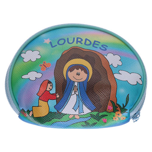 Rosenkranztäschchen für Kinder, 10x8 cm, mit Abbildung Muttergottes von Lourdes 2