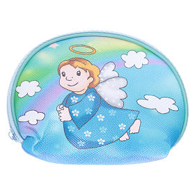 Rosenkranztäschchen für Kinder, 10x8 cm, mit Abbildung Engel in blauem Gewand