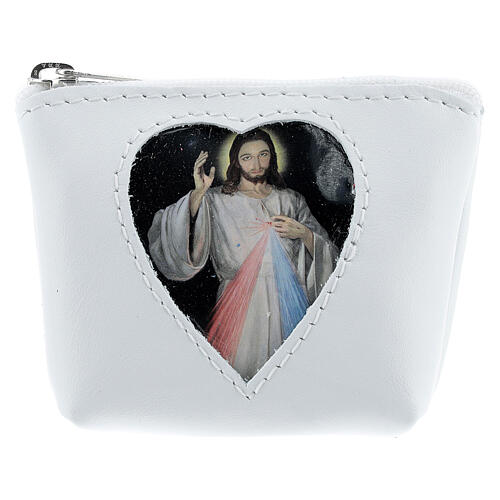 White leather rosary case heart Divine Mercy 3x4x1 in 1